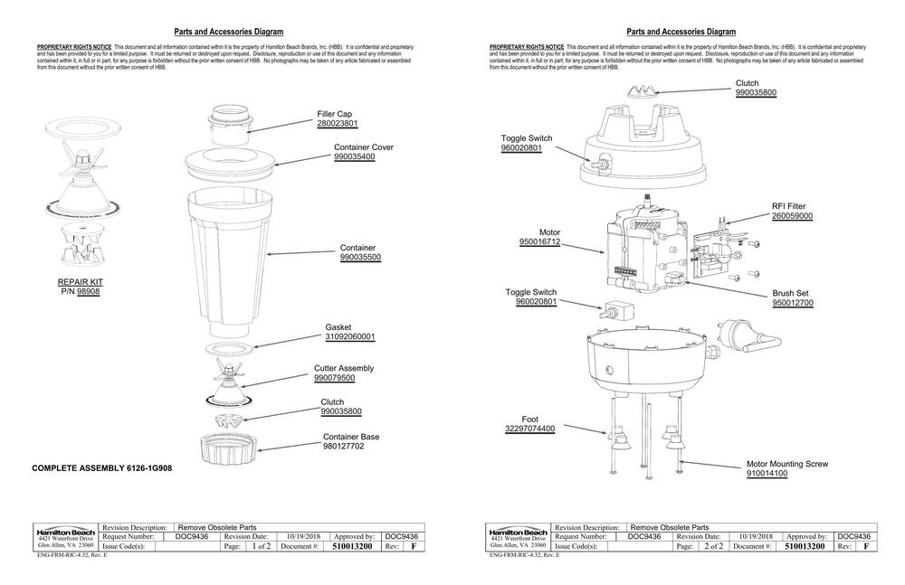 Diagram Diagram and Parts List for 1G908-UK  Hamilton Beach Blender